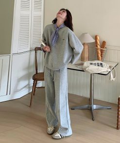 Spring Striped Patchwork Gray Sweatshirt and Wide-Leg Pants Two-Piece Casual Suit for Women - Trendy OOTD Fashion Set