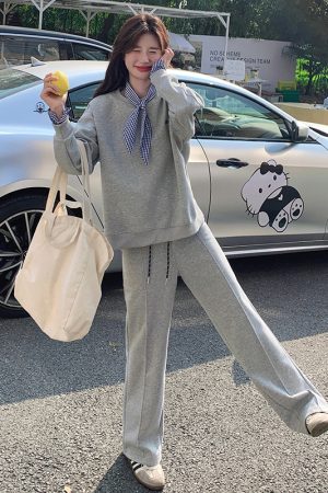 Spring Striped Patchwork Gray Sweatshirt and Wide-Leg Pants Two-Piece Casual Suit for Women - Trendy OOTD Fashion Set