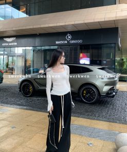 Spring Summer Square Neck Knitted Top with Slightly Flared Sleeves, Versatile Slim Fit Women's Sweater, Casual Layering Essential