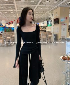 Spring Summer Square Neck Knitted Top with Slightly Flared Sleeves, Versatile Slim Fit Women's Sweater, Casual Layering Essential