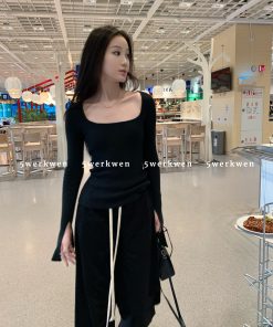 Spring Summer Square Neck Knitted Top with Slightly Flared Sleeves, Versatile Slim Fit Women's Sweater, Casual Layering Essential