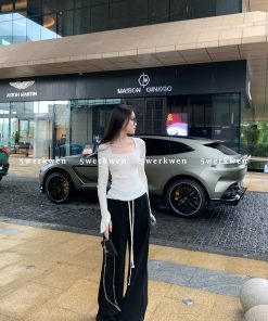 Spring Summer Square Neck Knitted Top with Slightly Flared Sleeves, Versatile Slim Fit Women's Sweater, Casual Layering Essential