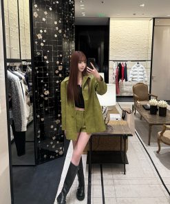Spring-Summer Two-Piece Skirt and Shirt Set for Women, High-End Runway Style, Intelligent Beauty in Green, Chic Fashion Ensemble