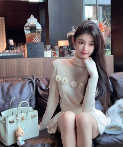 Spring White High Neck Wool Knitted Sweater Top for Women - Slim Fit Layering Essential