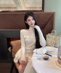 Spring White High Neck Wool Knitted Sweater Top for Women - Slim Fit Layering Essential
