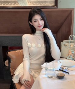 Spring White High Neck Wool Knitted Sweater Top for Women - Slim Fit Layering Essential