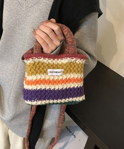 Spring/Summer Knitted Color-Blocking Women's Tote Bucket Bag - Fashionable Crossbody Yarn Vegetable Basket Bag 2025