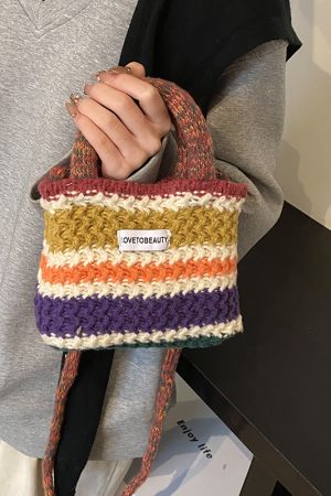 Spring/Summer Knitted Color-Blocking Women's Tote Bucket Bag - Fashionable Crossbody Yarn Vegetable Basket Bag 2025