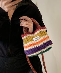 Spring/Summer Knitted Color-Blocking Women's Tote Bucket Bag - Fashionable Crossbody Yarn Vegetable Basket Bag 2025