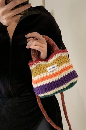 Spring/Summer Knitted Color-Blocking Women's Tote Bucket Bag - Fashionable Crossbody Yarn Vegetable Basket Bag 2025
