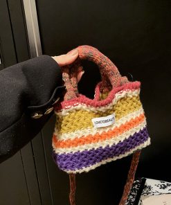 Spring/Summer Knitted Color-Blocking Women's Tote Bucket Bag - Fashionable Crossbody Yarn Vegetable Basket Bag 2025