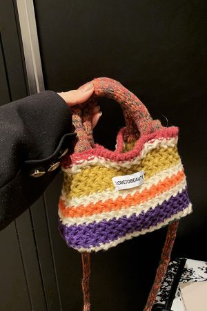Spring/Summer Knitted Color-Blocking Women's Tote Bucket Bag - Fashionable Crossbody Yarn Vegetable Basket Bag 2025