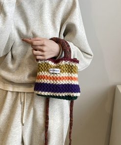 Spring/Summer Knitted Color-Blocking Women's Tote Bucket Bag - Fashionable Crossbody Yarn Vegetable Basket Bag 2025
