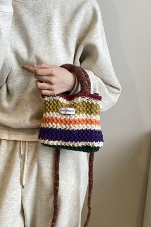Spring/Summer Knitted Color-Blocking Women's Tote Bucket Bag - Fashionable Crossbody Yarn Vegetable Basket Bag 2025