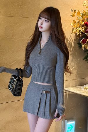 Spring/Summer Knitted Dress Set with Waist-Cinching Wool Sweater and Short Skirt - Chic Two-Piece Outfit for British University Style
