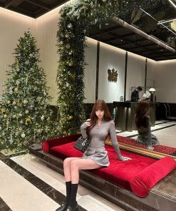 Spring/Summer Knitted Dress Set with Waist-Cinching Wool Sweater and Short Skirt - Chic Two-Piece Outfit for British University Style