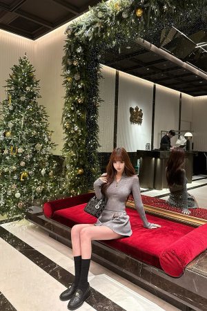 Spring/Summer Knitted Dress Set with Waist-Cinching Wool Sweater and Short Skirt - Chic Two-Piece Outfit for British University Style