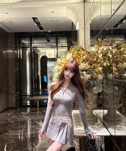 Spring/Summer Knitted Dress Set with Waist-Cinching Wool Sweater and Short Skirt - Chic Two-Piece Outfit for British University Style