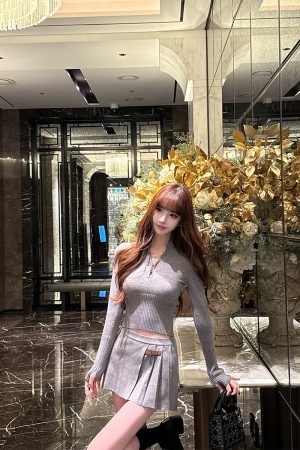 Spring/Summer Knitted Dress Set with Waist-Cinching Wool Sweater and Short Skirt - Chic Two-Piece Outfit for British University Style
