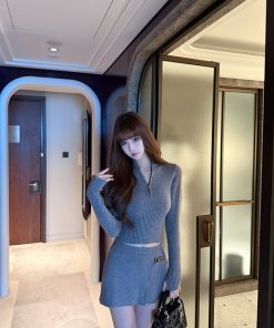 Spring/Summer Knitted Dress Set with Waist-Cinching Wool Sweater and Short Skirt - Chic Two-Piece Outfit for British University Style