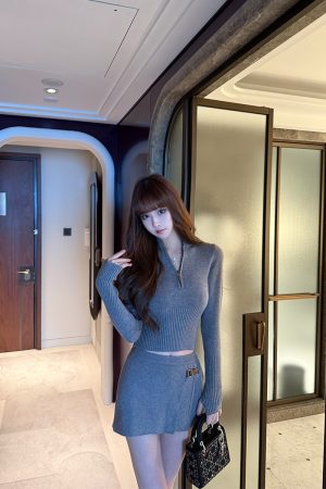 Spring/Summer Knitted Dress Set with Waist-Cinching Wool Sweater and Short Skirt - Chic Two-Piece Outfit for British University Style