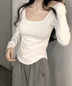 Square Collar Long Sleeve T-Shirt for Women - White Base Layer, Waist-Cinching Slim Fit, Fishbone Short Top, Trendy Style
