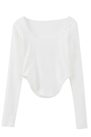 Square Collar Long Sleeve T-Shirt for Women - White Base Layer, Waist-Cinching Slim Fit, Fishbone Short Top, Trendy Style