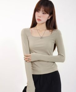 Square Neck Long Sleeve Off-Shoulder Top for Women, Slim Fit T-Shirt, Fashionable Spring 2025 Style, Youthful Design, Trendy Look