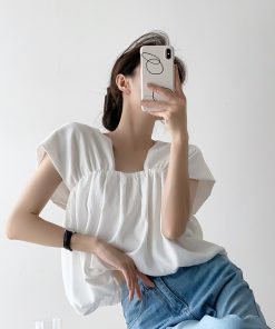 Square Neck Sleeveless Top for Women - Black and White Elegant Puff Sleeve Satin Shirt, Chic Pullover for Stylish Outfits