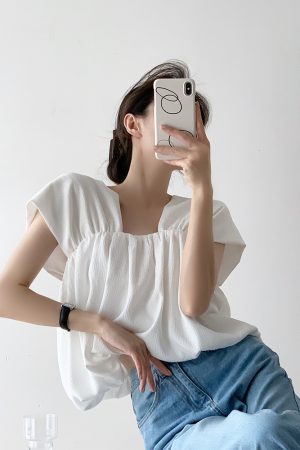 Square Neck Sleeveless Top for Women - Black and White Elegant Puff Sleeve Satin Shirt, Chic Pullover for Stylish Outfits