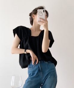 Square Neck Sleeveless Top for Women - Black and White Elegant Puff Sleeve Satin Shirt, Chic Pullover for Stylish Outfits