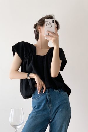 Square Neck Sleeveless Top for Women - Black and White Elegant Puff Sleeve Satin Shirt, Chic Pullover for Stylish Outfits