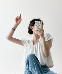 Square Neck Sleeveless Top for Women - Black and White Elegant Puff Sleeve Satin Shirt, Chic Pullover for Stylish Outfits