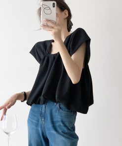 Square Neck Sleeveless Top for Women - Black and White Elegant Puff Sleeve Satin Shirt, Chic Pullover for Stylish Outfits