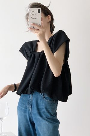 Square Neck Sleeveless Top for Women - Black and White Elegant Puff Sleeve Satin Shirt, Chic Pullover for Stylish Outfits