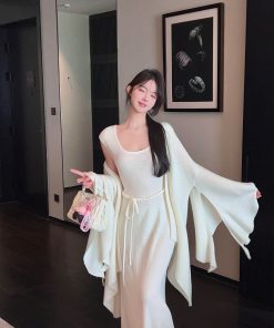 Square Neck Sleeveless White Knitted Long Dress with Belt - Autumn Winter Trendy Fashion