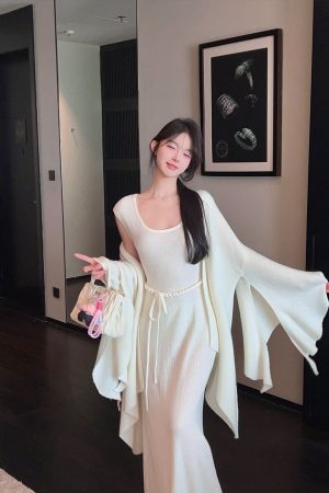 Square Neck Sleeveless White Knitted Long Dress with Belt - Autumn Winter Trendy Fashion