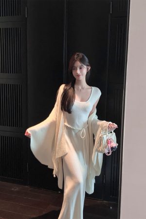 Square Neck Sleeveless White Knitted Long Dress with Belt - Autumn Winter Trendy Fashion