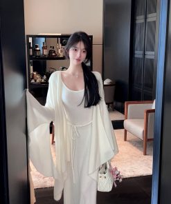 Square Neck Sleeveless White Knitted Long Dress with Belt - Autumn Winter Trendy Fashion