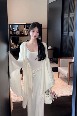 Square Neck Sleeveless White Knitted Long Dress with Belt - Autumn Winter Trendy Fashion