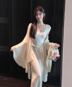 Square Neck Sleeveless White Knitted Long Dress with Belt - Autumn Winter Trendy Fashion