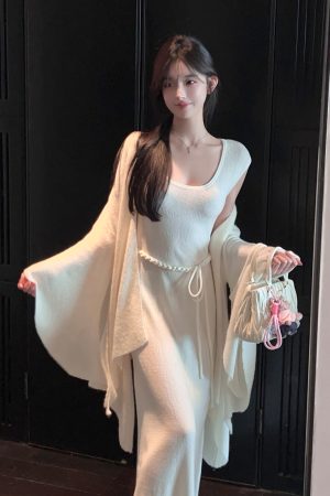 Square Neck Sleeveless White Knitted Long Dress with Belt - Autumn Winter Trendy Fashion