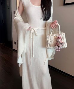 Square Neck Sleeveless White Knitted Long Dress with Belt - Autumn Winter Trendy Fashion