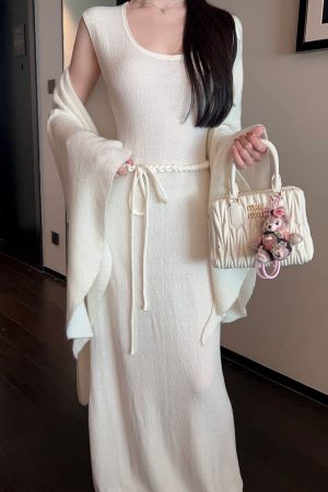 Square Neck Sleeveless White Knitted Long Dress with Belt - Autumn Winter Trendy Fashion