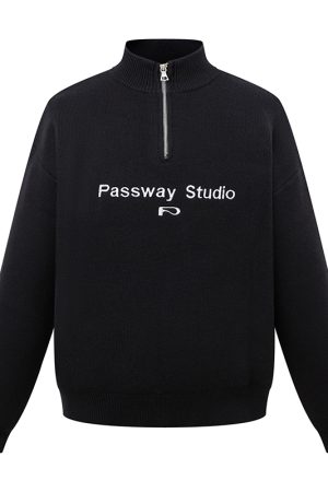 Stand Collar Half-Zip Sweater American Vintage Trendy Pullover Casual Fashion for 90s Inspired Looks