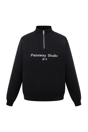 Stand Collar Half-Zip Sweater American Vintage Trendy Pullover Casual Fashion for 90s Inspired Looks