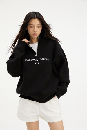 Stand Collar Half-Zip Sweater American Vintage Trendy Pullover Casual Fashion for 90s Inspired Looks