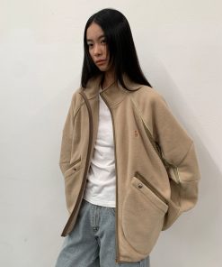 Stand Collar Spliced Antibacterial Fleece Jacket - Autumn/Winter 2025, Trendy Layering Piece, Casual Streetwear, Modern Fashion Essential