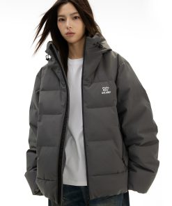 Stand-Up Collar Hooded Puffer Jacket with Logo Print, Versatile Thick Outerwear for Autumn Winter, Y2K Fashion