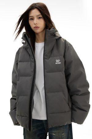 Stand-Up Collar Hooded Puffer Jacket with Logo Print, Versatile Thick Outerwear for Autumn Winter, Y2K Fashion
